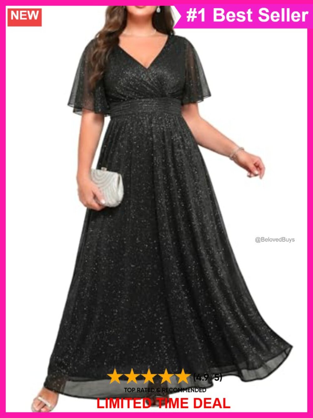 Plus Size Formal Maxi Dress Flutter Sleeve V-Neck Gown